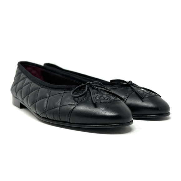 CHANEL Shoes - NEW! AUTHENTIC Chanel Quilted Black Leather Bow Cap Toe Block Heel Flats Sz 6.5